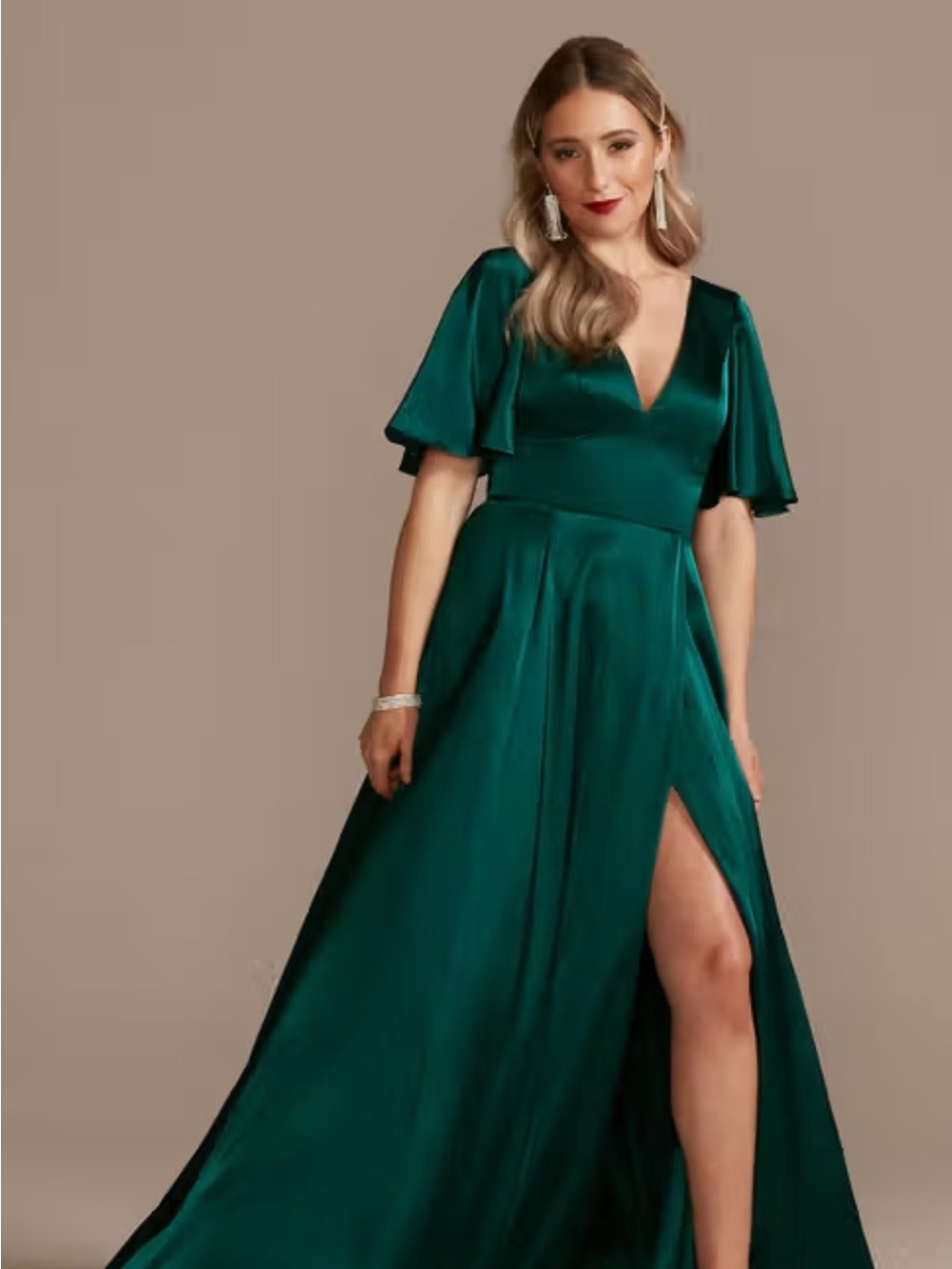 Emerald Satin V-Neck gown with Flutter Sleeves